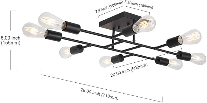 Modern Ceiling Light Semi Flush Mount Light Fixture Mid Century Black Sputnik Chandeliers with 8 Lights Kitchen Light Ceiling for Bedroom Dining Room Living Room Lighting