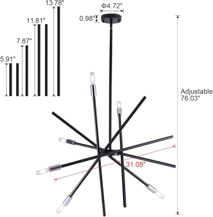 VILUXY Modern Sputnik Chandelier 6 Lights Black Linear Ceiling Pendant Light Fixture Mid Century Hanging Chandelier for Dining Room Living Room Foyer Staircase 31.5 inches