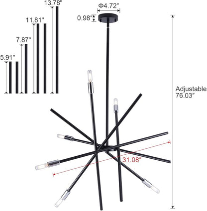 VILUXY Modern Sputnik Chandelier 6 Lights Black Linear Ceiling Pendant Light Fixture Mid Century Hanging Chandelier for Dining Room Living Room Foyer Staircase 31.5 inches
