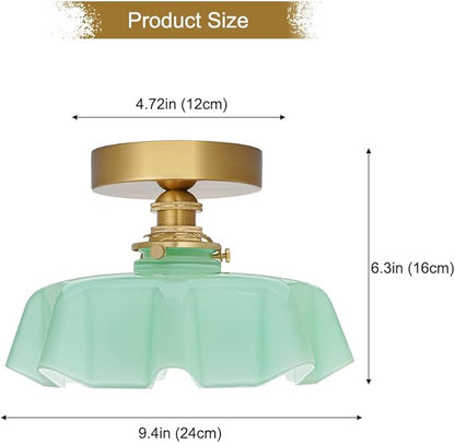 DSMJFU Brass Semi Flush Mount Ceiling Light, Cute Small Green Glass Flush Mount Ceiling Light, Porch Bathroom Lighting Fixtures with Flower Shape Glass for Closet Hallway Entryway