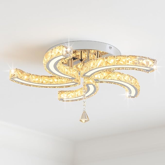 Finktonglan 19.7" Crystal Semi Flush Mount Ceiling Light, 5-Light LED Chandelier, K9 Crystal & Acrylic, 25W, 3000K Warm White, Modern Low-Profile Ceiling Lighting for Bedroom Living Room Dining