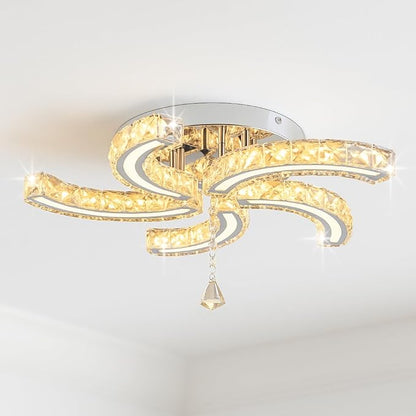 Finktonglan 19.7" Crystal Semi Flush Mount Ceiling Light, 5-Light LED Chandelier, K9 Crystal & Acrylic, 25W, 3000K Warm White, Modern Low-Profile Ceiling Lighting for Bedroom Living Room Dining