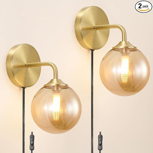 Modern Gold Plug in Wall Light, Wall Light Fixture with Amber Glass Shade, Elegant Brass Sconces Wall Decor Set of 2, Wall Sconce Light with Plug in Cord for Bedroom Hallway Reading