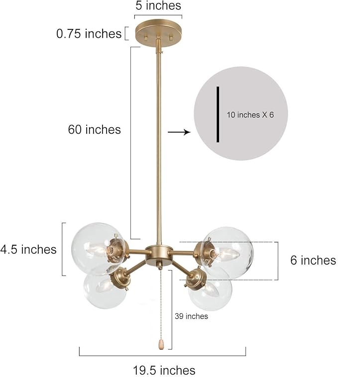 KSANA Gold Globe Chandelier with On/Off Switch Pull Chain, 4-Light Modern Gold Semi Flush Mount Ceiling Light with Clear Globe Glass Shades for Dining Room & Kitchen, Soft Gold, 19.5’’ Dia