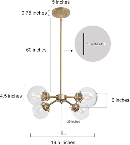 KSANA Gold Globe Chandelier with On/Off Switch Pull Chain, 4-Light Modern Gold Semi Flush Mount Ceiling Light with Clear Globe Glass Shades for Dining Room & Kitchen, Soft Gold, 19.5’’ Dia