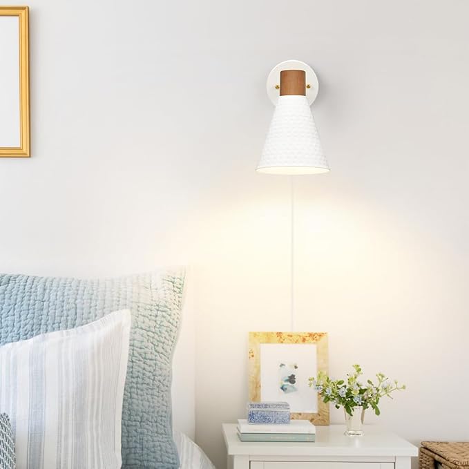 White Plug in Wall Sconces Set of 2, Modern Wall Light with Plug in Cord, Wooden Plug in Sconce with Hammered Metal Shade, Corded Wall Sconce Light Wall Lamp for Bedroom, Living Room, Hallway