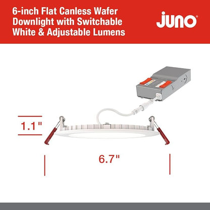 Juno LED Recessed Lights 6 Inch Round Baffle Wafer Downlight, 5-in-1 Switchable White Color Temperature, Adjustable Brightness, 120 Volts, 6-Inch Flat Trim, 12 Pack, Matte White