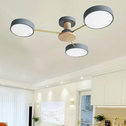 3-Lights LED Ceiling Light Fixture,26 Inch Modern Ceiling Lights Flush Mount Wooden 24W Dimmable Chandelier for Living Room Bedroom Kitchen,3000K/4000K/6000K Grey