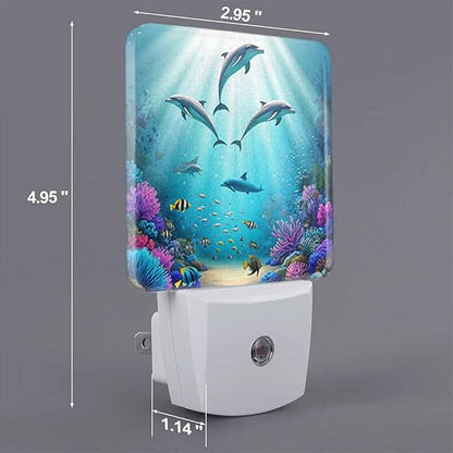 Dolphins LED Night Lights Plug into Wall Various Plants in The Underwater World 0.5W Plug in Night Light, Dusk to Dawn, Bright Nightlight Auto On/Off, for Room Bedroom Bathroom