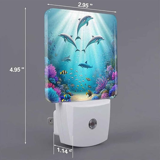 Dolphins LED Night Lights Plug into Wall Various Plants in The Underwater World 0.5W Plug in Night Light, Dusk to Dawn, Bright Nightlight Auto On/Off, for Room Bedroom Bathroom