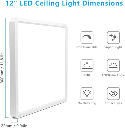 12Inch 24W Square LED Ceiling Light Fixtures Flush Mount, 2800K Warm White LED Ceiling Lamp, Surface Mount Modern Ceiling Lights, Slim Flat Panel Lighting for Bedroom, Kitchen, Bathroom Etc.