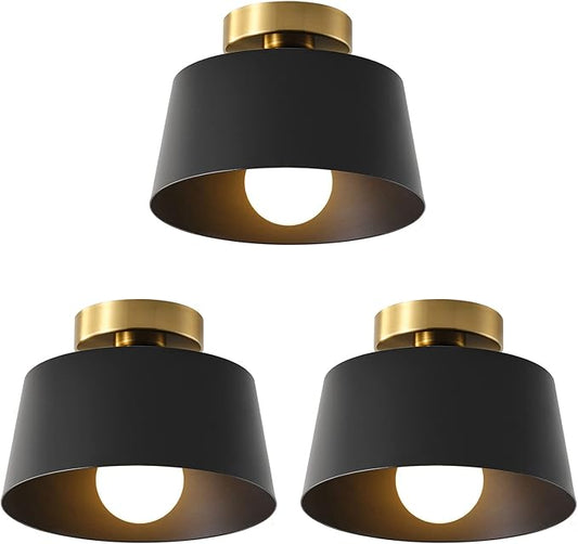 Ceiling Light Fixture, Hallway Ceiling Light with Gold Plate and Matte Black Shade, Modern Simple Style Porch Light Fixtures Semi Flush Mount (3 Pack Black)