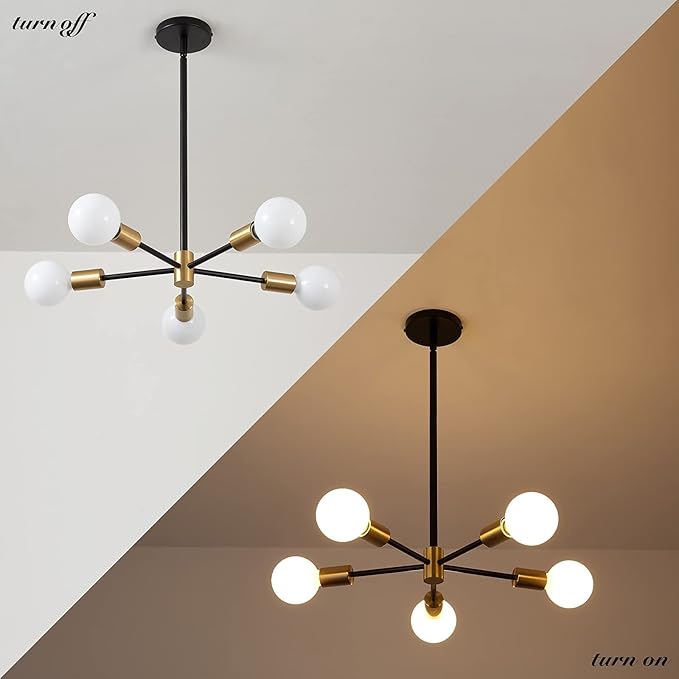 RUIYEY Modern Sputnik Light Fixture,Semi Flush Mount Ceiling Light Black and Gold Mid Century Chandeliers for Bedroom,Dining Room,Kitchen Island,Living Room,Bedroom,Farmhouse