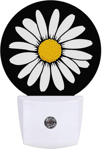 White Daisy Night Light Plug Into Wall Auto Led Sleep Round Lamp for Living Room Hallway Stairs