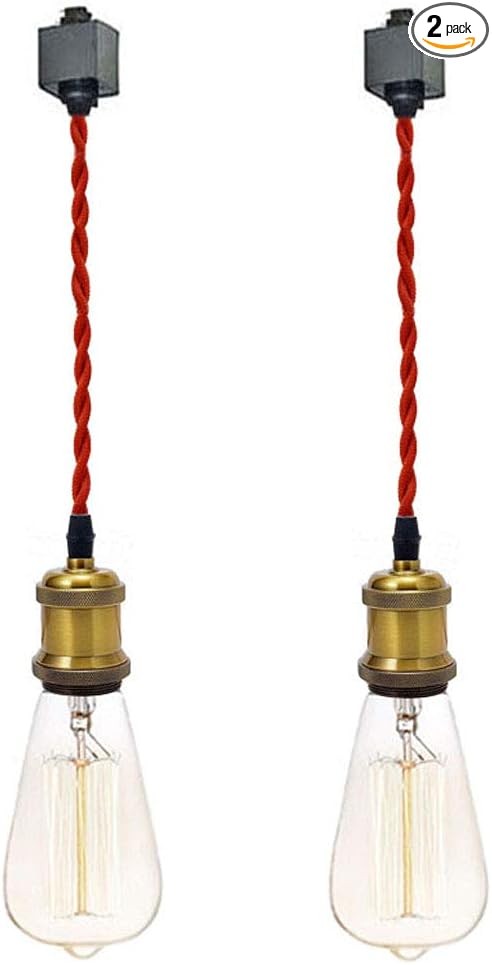 Kiven Set of 2 H Type Track Lighting Mini Pendant Brass Finish with 7 inch Red Twisted Cord and a Black H-Type Track Connection