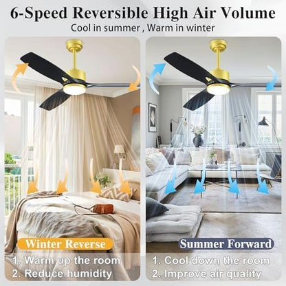 Ceiling Fans with Lights and Remote - 52 Inch Smart App Control Modern Low Profile Fandelier - Flush Mount for Living Room, Bedroom, Farmhouse - 35w Led Lighting Bulb - Quiet DC Motor - Black Gold