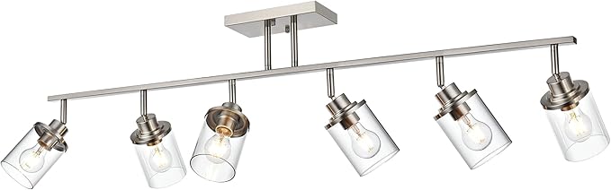6-Light Directional Track Lighting Kit, Bathoom Lights Over Mirror Industrial Brushed Nickel Kitchen Track Lighting Fixtures Ceiling with 6 Rotatable Light Heads, Clear Glass Shade