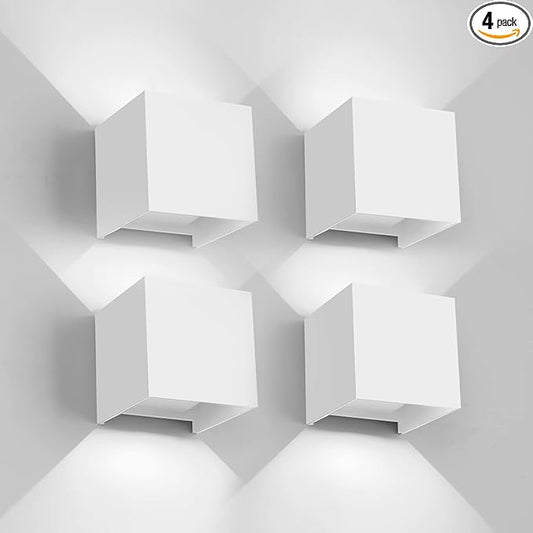 Mille Lucciole 12W 4Pack Outdoor Wall Lights Exterior/Interior,LED White Outdoor Wall Sconces Light Fixtures Modern,IP65 Waterproof Square Aluminum Wall Lamps, Up and Down Lights 6500K Cold Lights