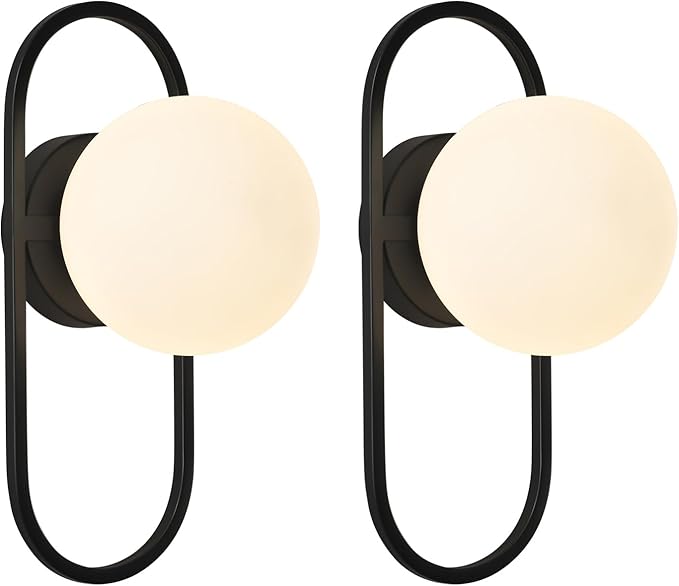SeeU Vintage Black Wall Sconces Set of Two Globe Wall Lamp with Milky Glass Shades Modern Wall Light Fixtures for Living Room, Bedroom, Stairs, Hallway