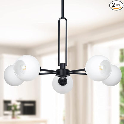 Modern 5-Light Globe Sputnik Chandelier - Large Semi-Flush Dining Room Light, Black Glass Pendant for Kitchen, Living Room, Bedroom, Farmhouse