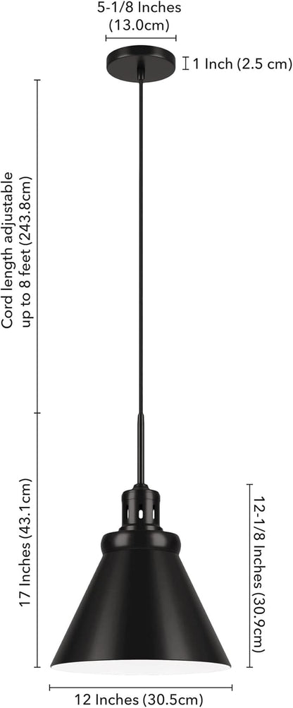Henn&Hart 12" Industrial Dimmable Pendant Light Fixture with Black Metal Cone Shade and 8' Adjustable Cord for Kitchen Island, Dining Room or Game Room, Black