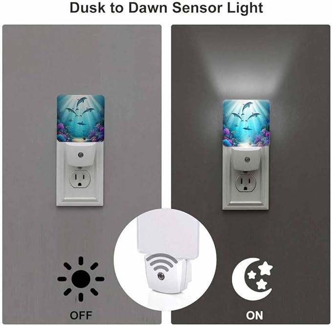 Dolphins LED Night Lights Plug into Wall Various Plants in The Underwater World 0.5W Plug in Night Light, Dusk to Dawn, Bright Nightlight Auto On/Off, for Room Bedroom Bathroom