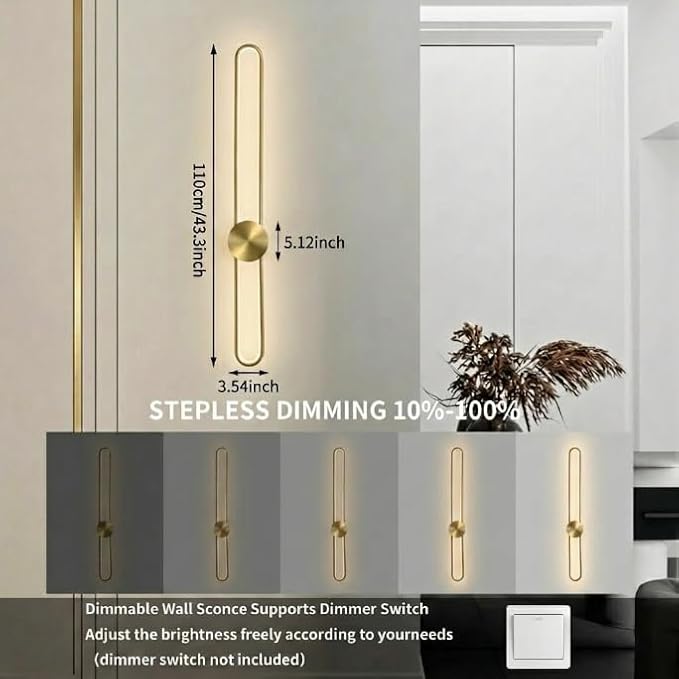 Modern Wall Sconce Dimmable 3000K/4000K/6000K LED Wall Light Fixture, Hardwired Wall Lamp for Living Room, Dining Room, Bedroom, Hallway, Lobby, Entryway (Brushed Gold, 43.3inch/H110cm)