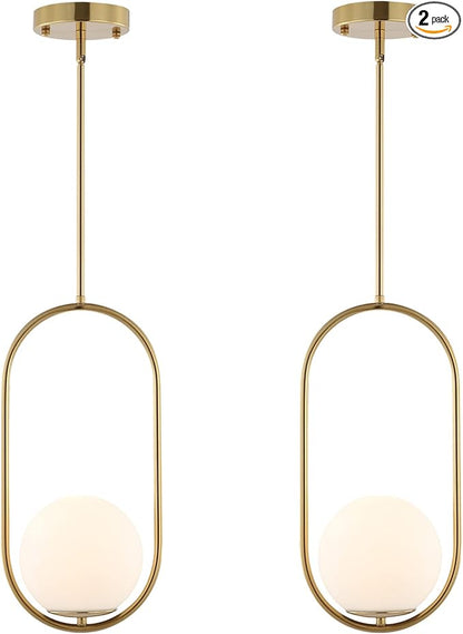 BYOLIIMA Modern Gold Globe Pendant Light Mid Century Chandelier 1-Light Brushed Brass Ceiling Hanging Lighting Fixture with White Globe Glass Lampshade for Kitchen Island Dining Room Bedroom (2 Pack)