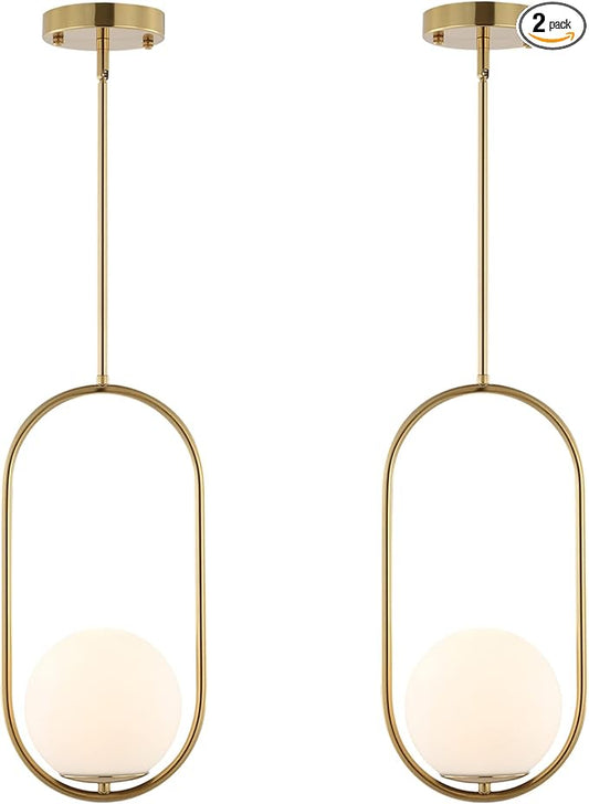 BYOLIIMA Modern Gold Globe Pendant Light Mid Century Chandelier 1-Light Brushed Brass Ceiling Hanging Lighting Fixture with White Globe Glass Lampshade for Kitchen Island Dining Room Bedroom (2 Pack)