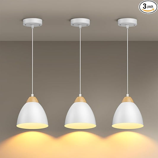 3 Pack Pendant Lights for Kitchen Island, 5.9" Cone Metal Shade Adjustable Height White Small Hanging Lamps for Dining Room Light Fixtures Over Table Modern Ceiling Fixture