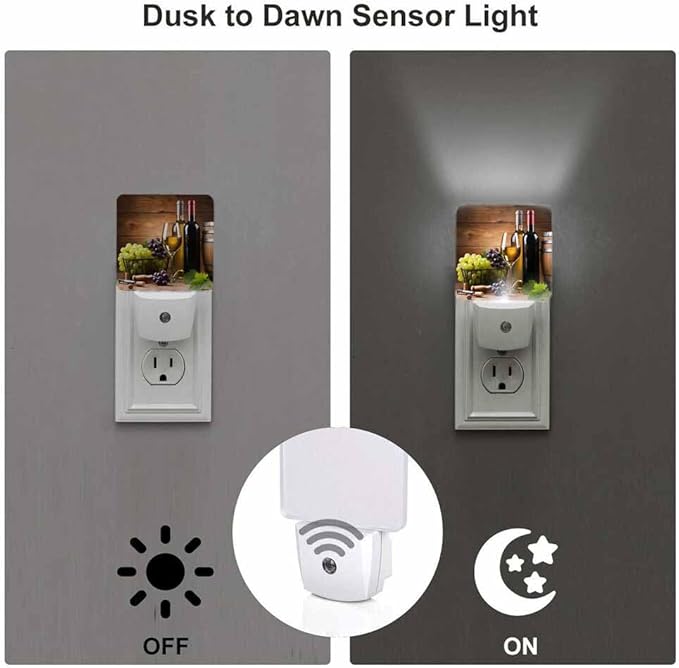 Wine Night Light A Stemmed Glass with Grapes on A Wooden Background Plug into Wall with Dusk to Dawn Light Sensors 0.5W Warm Nightlights for Bedroom Bathroom Hallway