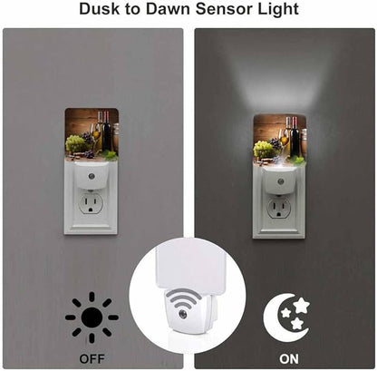 Wine Night Light A Stemmed Glass with Grapes on A Wooden Background Plug into Wall with Dusk to Dawn Light Sensors 0.5W Warm Nightlights for Bedroom Bathroom Hallway