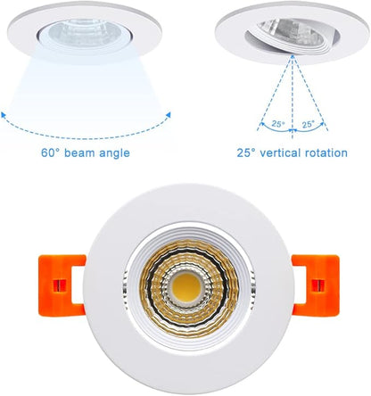 2Inch LED Recessed Ceiling Light, 3W Dimmable LED Downlight, 60 Beam Angle COB Recessed Lights with Driver, Daylight White 5000K-5500K, 25W Halogen Bulbs Equivalent for Ceiling Lighting, White 1 Pack