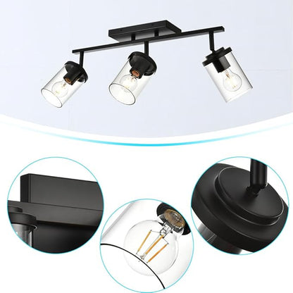 BONLICHT Industrial Vintage Indoor Wall Mount Spotlight 3 Light Modern Semi Flush Mount Ceiling Light Black Adjustable Track Lighting Kit Rustic Bathroom Vanity Light Fixture with Clear Glass Shade
