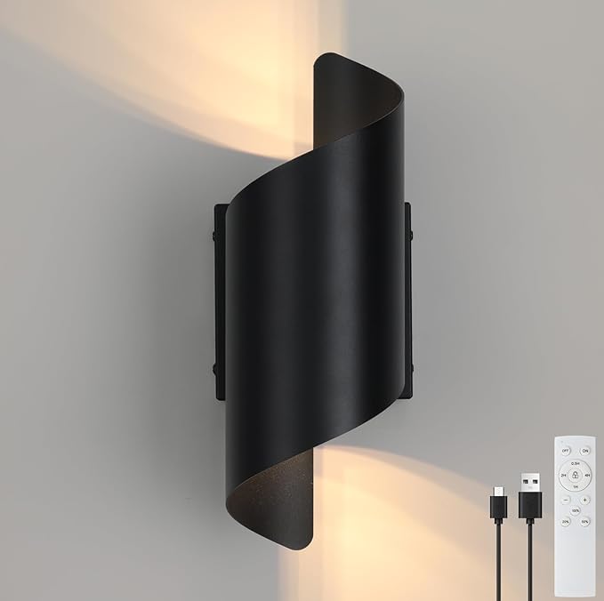 2 Packs Modern Wall Light Battery Operated Wall Sconces,Black Wireless Wall Lamp with Remote, Rechargeable Cordless Wall Sconce USB Charging for Bedroom Living Room Hallway (1 Pack)