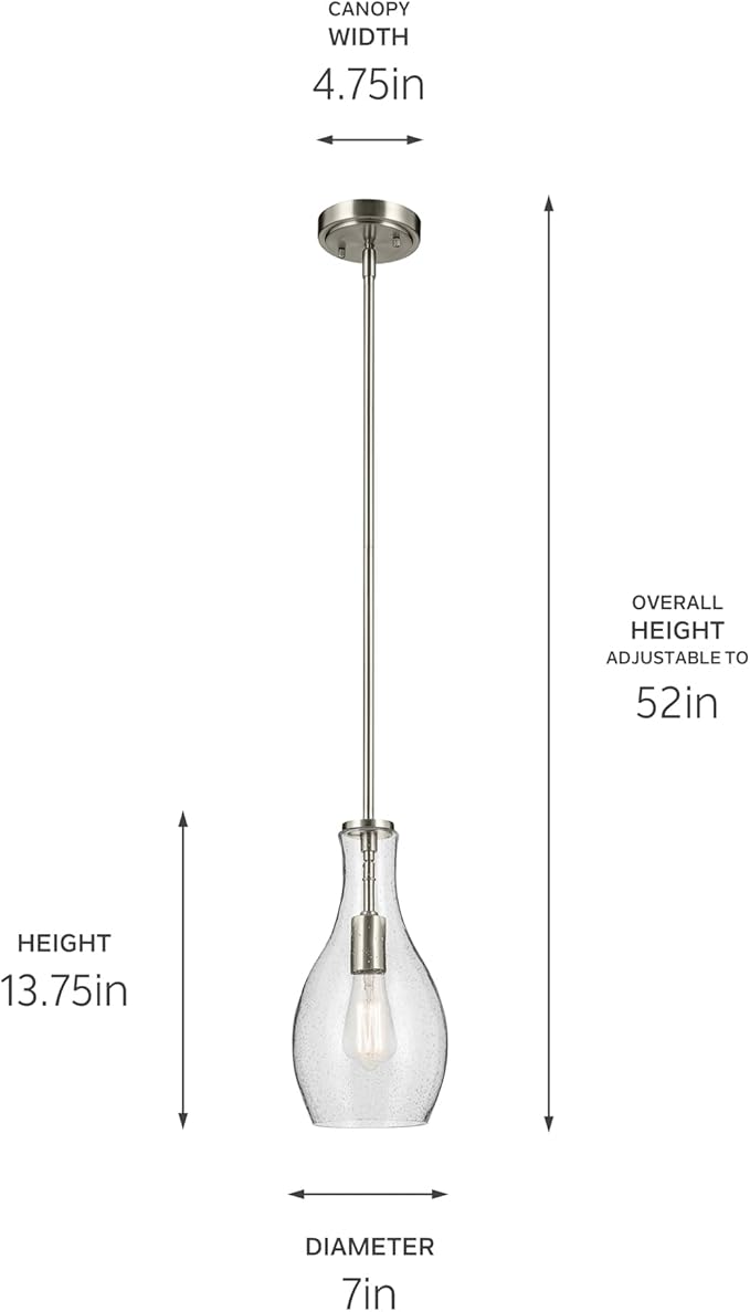 Kichler Everly 1-Light Bell Pendant Light Fixture with Clear Seeded Glass in Brushed Nickel for Kitchen Island, Dining Room, or Home Bar, Modern Hanging Light (13.75" x 7"), 42456NI