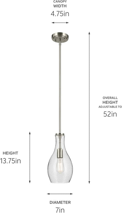 Kichler Everly 1-Light Bell Pendant Light Fixture with Clear Seeded Glass in Brushed Nickel for Kitchen Island Dining Room or Home Bar (13.75" x 7"), 42456NICS