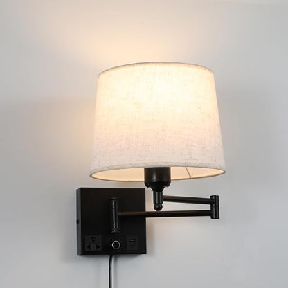 Swing Arm Wall Sconce with Linen Fabric Shade, USB-A & USB-C Charging Ports, Built-in AC Outlet & Rotary Dimmer, Plug-in Adjustable Reading Wall Lamp for Bedside Bedroom Hotel
