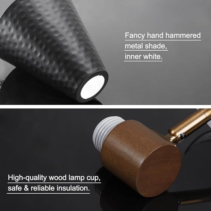 Black Plug in Wall Sconces Set of 2, Modern Bedroom Wall Light with on/off Cord, Wooden Plug Sconce with Hammered Metal Shade, Corded Wall Sconce Light for Decor Bedroom, Living Room, Hallway