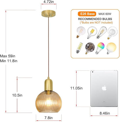 Gold Pendant Light, Modern Pendant Light Fixture with Amber Striped Glass Lmapshade, Brass Kitchen Island Light, Brushed Pendant Lights Kitchen Island Adjustable Hanging Light for Bathroom Dining Room