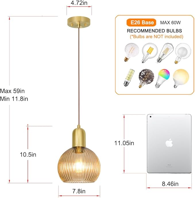 Gold Pendant Light Set Of 2, Modern Pendant Lights Kitchen Island With Amber Striped Glass, Mid Bathroom Pendant Light Adjustable Hanging Light For Dining Room Hallway, 7.8in Shade 11.8-59in Cord