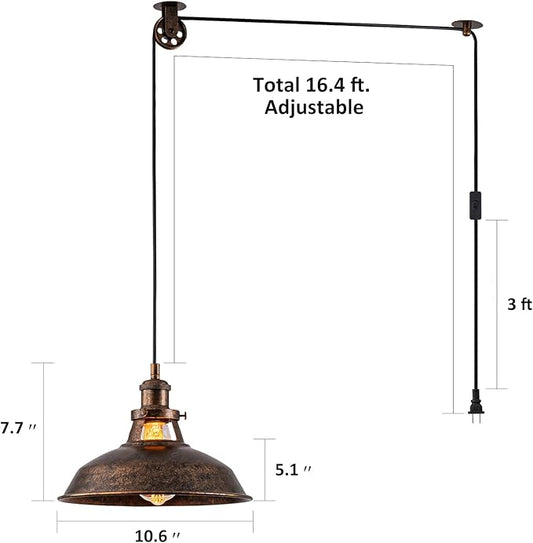 Plug-in Pendant Light with 16FT Cord, Industrial Metal Hanging Lamp with On/Off Switch, Hanging Lights with Plug in Cord for Living Room, Kitchen, Dining Room, Bedroom