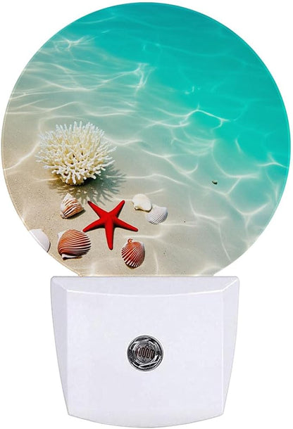 Beach Seashell Starfish Plug in Night Light Auto Light Round Lamps Energy Saving Gift for Women Men Friends