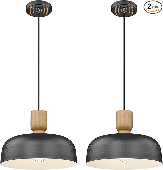 Darkaway Dusk to Dawn Industrial Pendant Light Fixtures Ceiling Hanging with Hammered Metal Shade, 2pcs Black Pendant Light for Outdoor Porch Lighting Hanging Lamp Adjustable Height