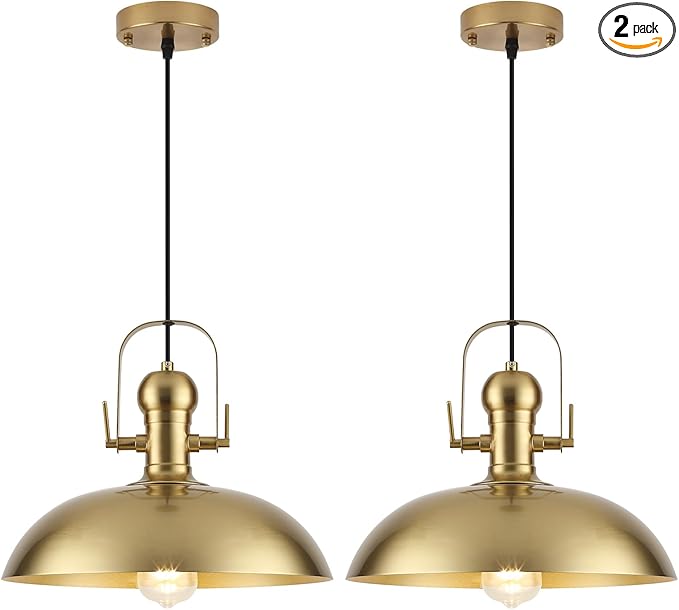 Gold Pendant Lights Kitchen Island 2 Packs, Gold Dome Pendant Light 13.8 Inch, Industrial Farmhouse Pendant Light, Island Pendant Lights for Kitchen Barn Hallway Porch Dining Room