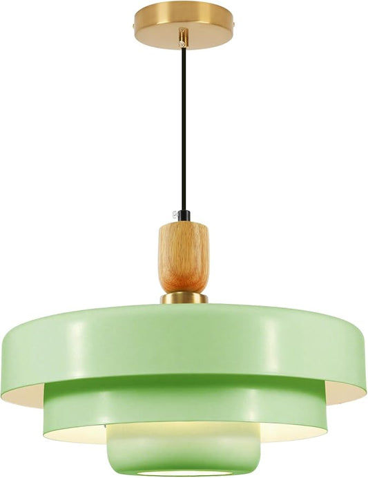 Mint Green Pendant Light with Solid Wood, 13.8 Inch Adjustable Modern Farmhouse Ceiling Lamp for Kitchen Island, Pantry, Dining Room, Living Room