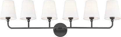 Bathroom Light Fixtures, 42 Inch Matte Black Vanity Lights with Flared White Fabric Shade, 6-Light Wall Sconce, Modern Sconces Wall Lighting for Hallway Bedroom, VL837-MB-6