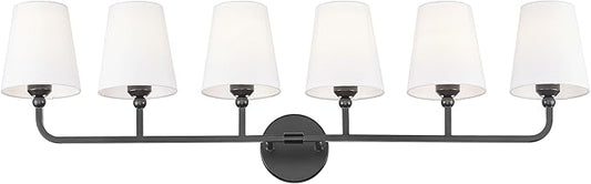 Bathroom Light Fixtures, 42 Inch Matte Black Vanity Lights with Flared White Fabric Shade, 6-Light Wall Sconce, Modern Sconces Wall Lighting for Hallway Bedroom, VL837-MB-6