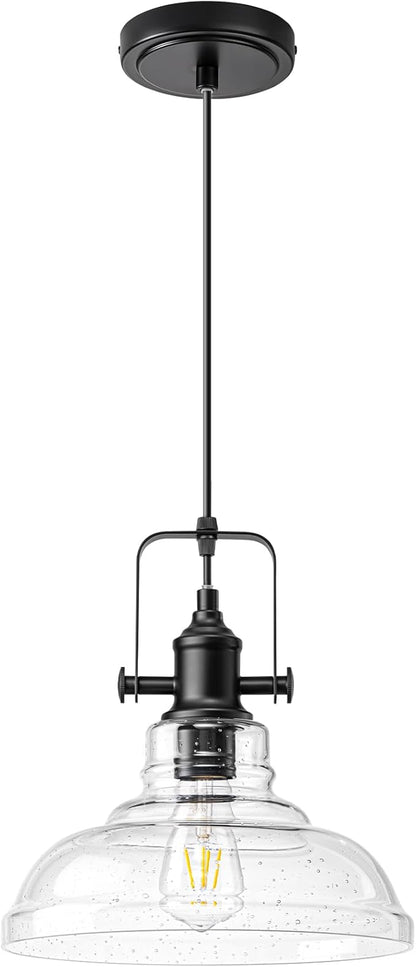 EDISHINE Farmhouse Pendant Lights Kitchen Island, Clear Seeded Glass Shade Hanging Light with Matte Black Finish, Modern Pendant Light Fixtures with Open Shade, Over Island Bar,E26 Base