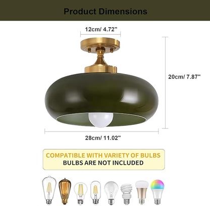 Dark Green Semi Flush Mount Ceiling Light Fixture, 11.02" Mid Century Modern Gold Close to Ceiling Light Fixture, Vintage Retro Ceiling Lamp for Bedroom Hallway Kitchen Entryway
